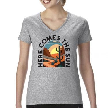 Imagem de Camiseta feminina com decote em V Here Comes The Sun retrô Boho Cactus Canyon Sunrise Vintage Travel Hippie Summer Sixties South, Cinza, G