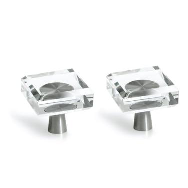 Imagem de JEREVER 2 maçanetas de cristal de vidro de níquel escovado puxador de gaveta para armário de cozinha (quadrado)