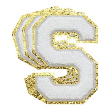 Imagem de 3 Pçs Remendos de letras de chenille com glitter dourado de ferro em remendos universitários remendos bordados de chenille remendos costurados para roupas chapéu bolsas jaquetas camisa (ouro, P)