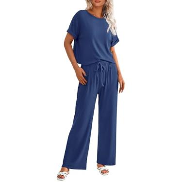 Imagem de PRETTYGARDEN Camiseta feminina de verão de 2 peças de malha de manga curta e calça de treino de perna larga roupa casual, Azul escuro, G