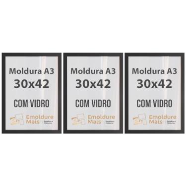 Imagem de Kit Quadros Moldura com Vidro para Folha A3 30x42 cm de Foto Porta Retrato Documento Poster Decorativo Certificado (Preta, 3)