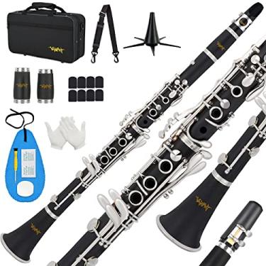 Imagem de Clarinete Bb para iniciantes estudantes B clarinete plano 17 teclas clarinetes com estojo alça de suporte 2 barris 8 boquilhas almofada luvas brancas kit de limpeza (preto)