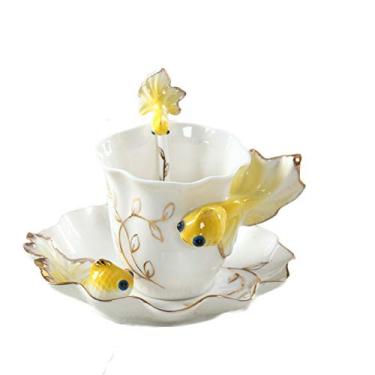 Imagem de Caneca de café ZaH 3D de peixe dourado com estampa de animal arco-íris caneca de cerâmica com leite xícara de chá e pires com colher (amarelo)