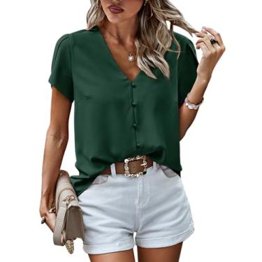 Imagem de PRETTYGARDEN Blusas de manga curta femininas 2024 verão Western chiffon elegantes blusas de pérolas casuais, Verde escuro, XXG