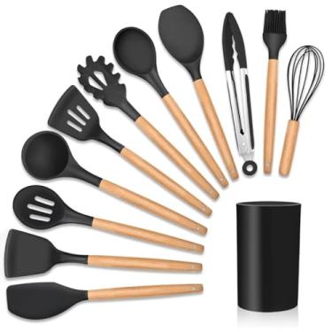 Imagem de Kit de Utensílios Para Cozinha 12 Peças, de Silicone e Cabo de Madeira, Antiaderente, Possui Espátulas, Colheres, Pegadores, Fouet, Pincel e Suporte - (Cinza)