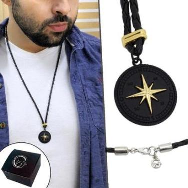 Imagem de Colar de Couro Trançado Masculino Fecho Mosquete Bússola Rosa dos Ventos NE-Unissex