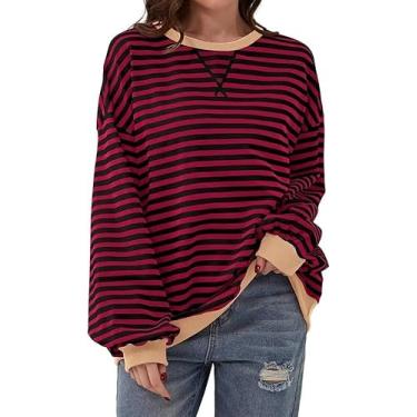 Imagem de 70ILYUHS Moletom feminino listrado gola redonda Color Block camisa de manga longa casual pulôver top primavera roupas Y2K, Borgonha, preto, M
