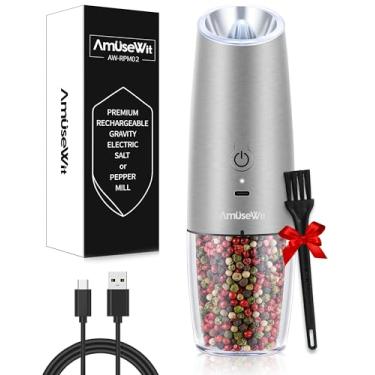 Imagem de AmuseWit Moedor de pimenta elétrico por gravidade ou moedor de sal [luz branca] Moedor de pimenta automático recarregável por USB, grossura ajustável, operação com uma mão, aço inoxidável