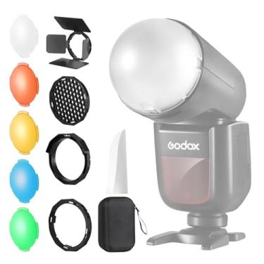 Imagem de TOAZOE Kit de acessórios de flash magnético para flashes Speedlite de cabeça redonda Godox V1, inclui difusor de cúpula, painel difusor, porta de celeiro, grade de favo de mel, difusor de salto, géis