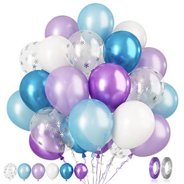 Imagem de Paready Frozen Balloons, 60 Pcs 12 Inch Purple Blue White and Silver Confetti Latex Balloons for Girls Frozen Theme Party Supplies Ice Snow Theme Birthday Baby Shower Winter Party Decorations