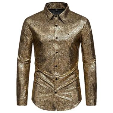 Imagem de Camisa masculina de manga comprida com bronze vermelho brilhante para festa discoteca, fantasia, festa, casamento, palco, camisa masculina, Dourado, G