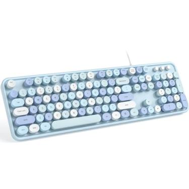 Imagem de Meidosa Teclado de computador com fio, teclado retrô de máquina de escrever de tamanho completo, teclado USB de tecla redonda, plug and play, para PC/laptop/desktop/Windows (azul colorido)