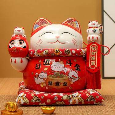 Imagem de Lucky Cat Cofrinho Estilo Cofrinho de Porcelana Decorada Ornadamente Cerâmica Maneki Neko Estatueta de Gato da Sorte Feng Shui Chinês (15 cm, Cornucópia)