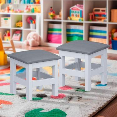 Imagem de Kit 2 Banquinhos Estofados Infantil Branco Com Estofado Cinza Nemargi