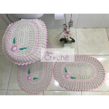 Imagem de Jogo de Banheiro Crochê com Aplicação - Myrna Crochê, Rosa Bebê