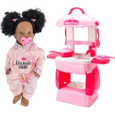 Imagem de KIT Boneca Negra Bebê Mamãe Reborn 45cm + Mini Cozinha