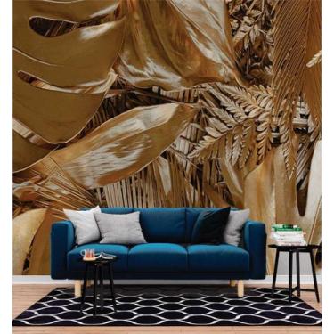 Imagem de Papel de Parede 3D Painel 2,5M Folhas Floresta Dourada Vinil Folhagem 