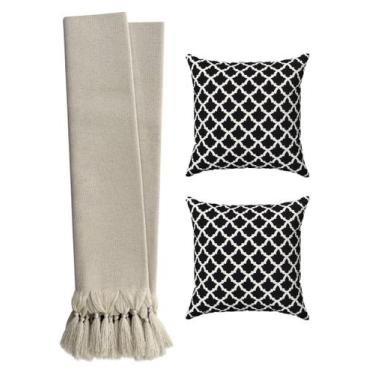 Imagem de Kit Manta Para Sofá Cama Bege 2,20m + 2 Capas De Almofada Geométricas 