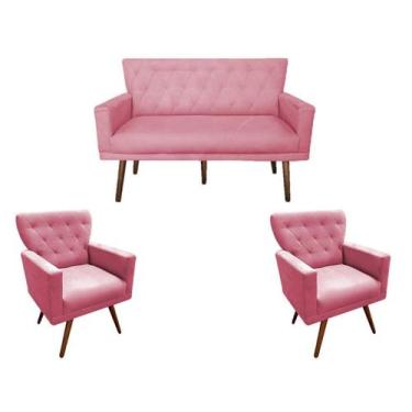 Imagem de Kit Namoradeira + 2 Poltronas Decorativa Aurora Suede Rosa Pés Madeira
