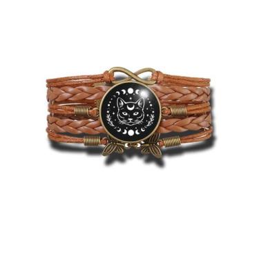 Imagem de Pulseira Feminina Wicca Gato Preto Místico Estrelas e Lua Ajustável - 
