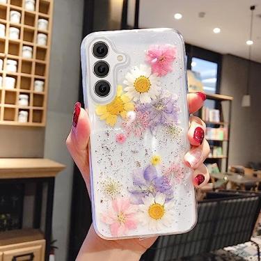 Imagem de EYZUTAK Capa para Samsung Galaxy S24, Bling Glitter Lantejoula Artesanal Flores Secas Verdadeiras Folhas Cristal Transparente Capa Estética Embutido Floral Slim Macio TPU Capa Protetora - Azul + Rosa