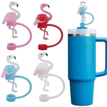 Imagem de Amreich Topo de palha de flamingo - 4 peças de tampa de palha de animal fofo compatível com 30 copos Stanley de 1,134 g acessórios protetores de palha de silicone de 1 cm