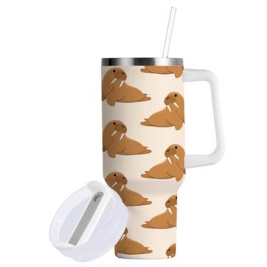 Imagem de Boccsty Copos isolados marrom morsa de desenho animado copo reutilizável de aço inoxidável copo de 850 g caneca de viagem de café garrafa de água com alça e canudo flip para escritório em casa, carro