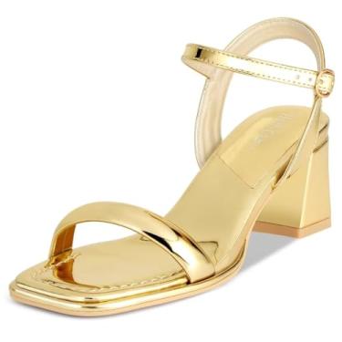 Imagem de Heels Charm Sandália feminina de salto grosso, salto alto, 6 cm, bico aberto, tira no tornozelo, salto alto, sandália para dança, uso diário, trabalho, festa, Dourado, 38