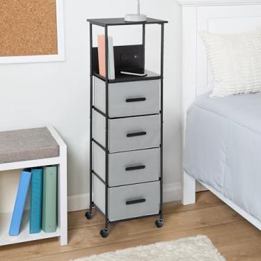 Imagem de Honey-Can-Do Carrinho de rodinhas com 4 gavetas, organizador de cômoda pequeno de tecido, armazenamento vertical com estação de carregamento (USB e USB-C), mesa lateral para dormitório, quarto, preto