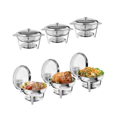 Imagem de Conjunto de 6 unidades de buffet de prato de atrito de 5 litros, aquecedores de alimentos e servidores, chafer redondo de aço inoxidável com panela de comida e água, tampa, moldura, suporte de