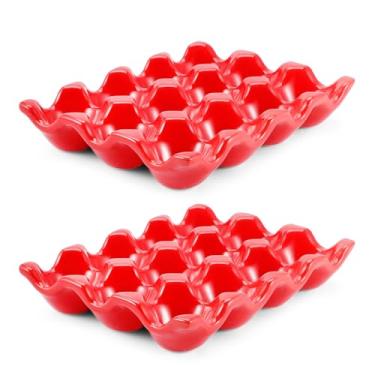 Imagem de Flexzion Porta-ovos de cerâmica com 12 xícaras para geladeira – dúzias de bandejas de cerâmica para ovos, organizador de armazenamento de recipientes de porcelana, suporte decorativo de servir para