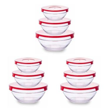 Imagem de 9un Tigela Vidro com tampa 3 tamanhos pote vasilha comida - CLINK