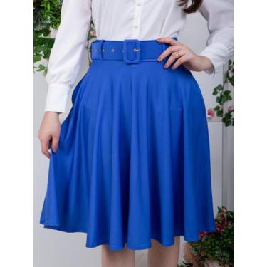 Imagem de Saia Midi Godê Social Elegante com Cinto Evangélico - Fashion, Azul ro