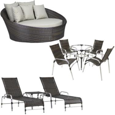 Imagem de Kit 4 Cadeiras E Mesa 2 Espreguiçadeiras 1 Chaise Alumínio Trama - Tra