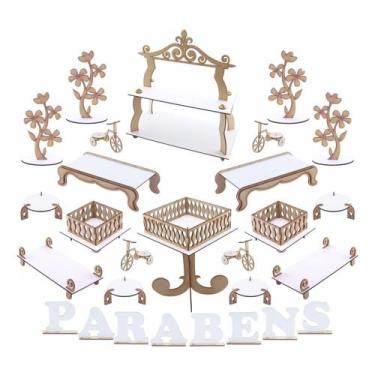 Imagem de Kit Festa Mdf Branco - Prateleira de Doces - 28 Peças - Maxdecor Decor