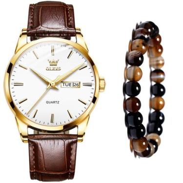 Imagem de Relógio Masculino De Luxo Dourado Casual + Pulseira Bolinhas - OLEVS