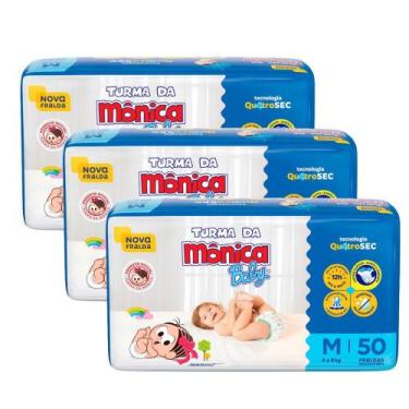 Imagem de Kit 3 Fralda Infantil Turma da Mônica Baby Mega Tamanho M 50 Fraldas D