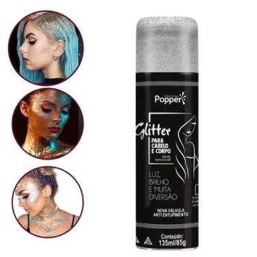 Imagem de Spray Glitter Fixador Prata Para Cabelo Corpo Roupa Carnaval - Popper