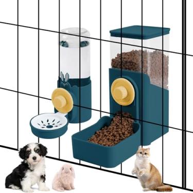 Imagem de Dispensador automático de água e ração para animais de estimação, alimentador automático de água e ração para cães e gatos, tigela para pendurar na gaiola (azul escuro)