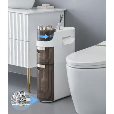 Imagem de Lozovin Armário de armazenamento fino de banheiro de 2 camadas, armário de piso estreito à prova d'água com caixa de lenços e rodas, organizador de armazenamento fino com gavetas para espaços