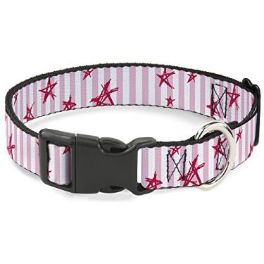 Imagem de Buckle-Down Coleira com clipe de plástico – Estrelas esboçadas com listras rosa/branco/fúcsia – 2,54 cm de largura – serve para pescoço de 28-43,18 cm – Médio