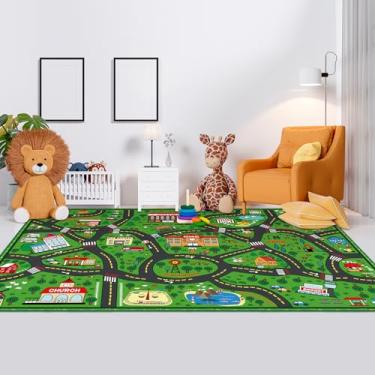 Imagem de Tinideya Tapete infantil, tapete para jogador, carro, 1,8 x 2,7 m, tapete de mapa de trânsito, área de jogos educativos para crianças, sala de jogos, sala de aula, quarto