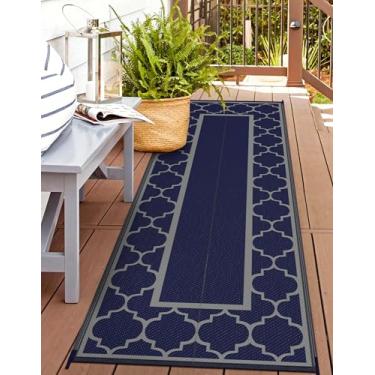 Imagem de Tapete externo GENIMO 0,7 m x 2,4 m, impermeável, para espaço de pátio, interior, exterior, palha de plástico, reversível, para trailer, acampamento, varanda, deck, piquenique, praia (azul e cinza)