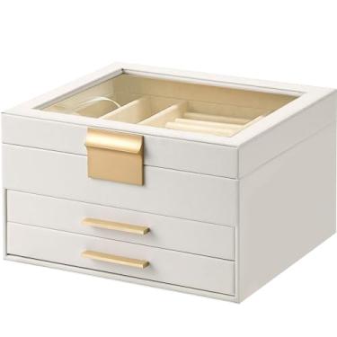 Imagem de MILONT Caixa de joias de 3 camadas com tampa de vidro, organizador de joias com 2 gavetas, organizador de caixa de joias para mulheres com superfície de poliuretano (branco pérola)