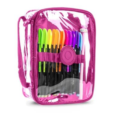 Imagem de Estojo Escolar Juvenil Transparente Alça de Mão Porta Lápis Necessaire Bolsinha Cosmético Acessórios Kit (Rosa Pink)