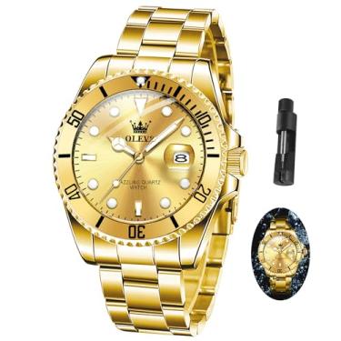 Imagem de OLEVS Relógio masculino, mostrador grande, de aço inoxidável, à prova d'água, analógico, quartzo, clássico, executivo, luxuoso, luminoso, redondo, para homens, com bisel rotativo, Pulseira dourada -