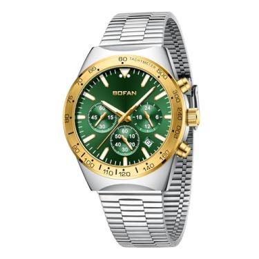 Imagem de BOFAN Relógios masculinos modernos de negócios, à prova d'água, esportivos, militares, analógicos, relógios de pulso com cronógrafo multifuncional., ouro-verde-prata, relógio