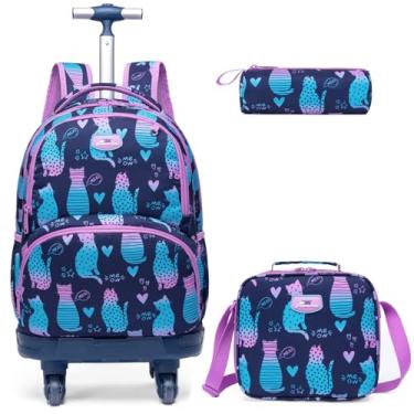 Imagem de Egchescebo Mochila Escolar Infantil com Rodinhas para Menina e Crianças Rodas Bolsa Mala Carrinho 17” 3PCS Rodinha de Rolagem Giratória Lancheira Juvenil Estojo Costas Divertidamente Gato Azul pó