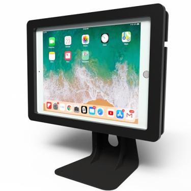 Imagem de TABcare Capa de acrílico antifurto com suporte giratório de metal giratório de 360 graus para mesa e cabo de carregamento de 90 graus para tablet Apple iPad (preto, iPad 7/8/9 10.2)