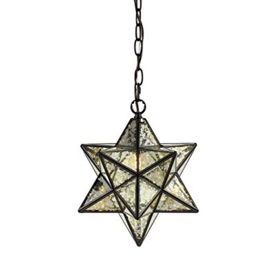 Imagem de JONATHAN Y JYL9072A Stella 12" Moravian Star Metal LED Pingente Glam Regulável para Cozinha Corredor Banheiro Escada, 1 Lâmpada, Bronze friccionado a óleo/Vidro Mercúrio